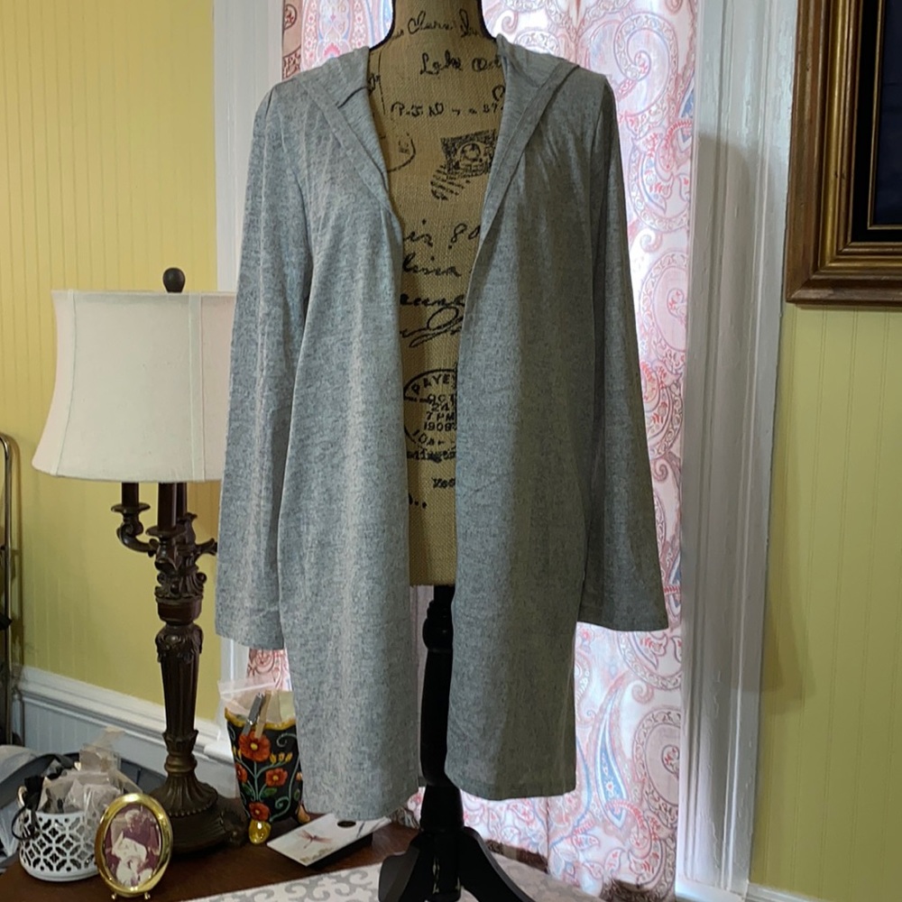 Socialite Gray Long Sleeve Hooded Open Front Duster Length Cardigan Sweater Top.